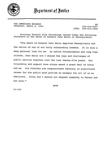 AG's statement on death of Senator John Heinz,