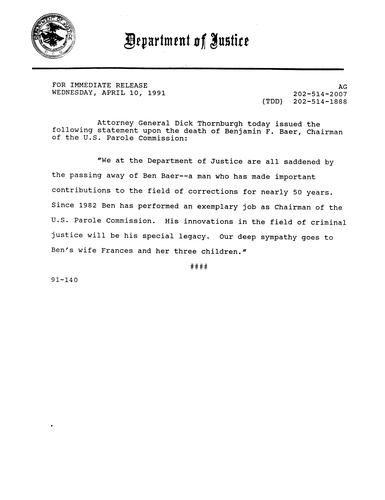 AG's statement on death of Benjamin Baer, Chairman of Parole Commission,