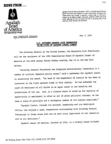 AG will be cited at the Agudath Israel Dinner and receive the 1991 Humanitarian Award
