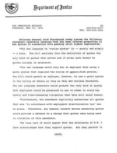 AG's statement regarding language offered to ban quotas in pending civil rights legislation