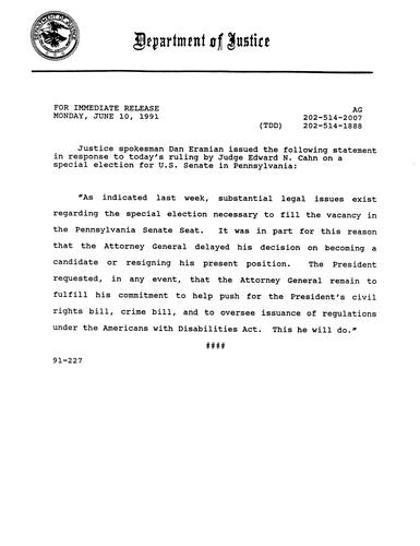 Dan Eramian's statement on ruling for special election for US Senate in PA