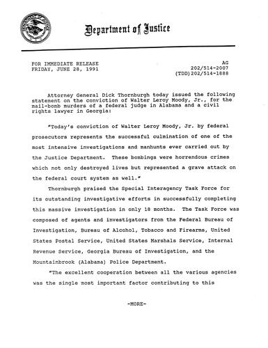 AG issued statement on the conviction of Walter Moody for the mail-bomb murders