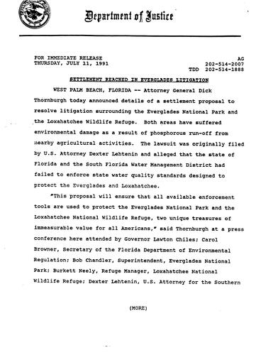 AG announced that a settlement was reached in the Everglades litigation