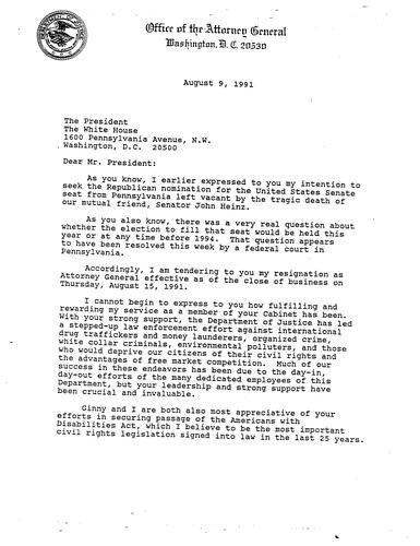 AG submitted his letter of resignation to President Bush effective August 15, 1991