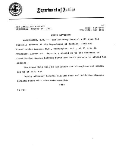Media Advisory regarding the AG's Farewell Address to be given on Thursday, August 15, 1991