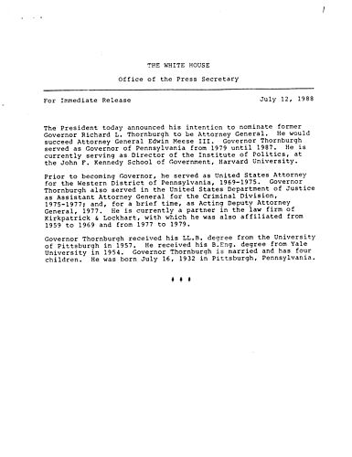 Statement by President Reagan announcing the nomination of Richard L. Thornburgh to be Attorney General of the United States, and Thornburgh's remarks