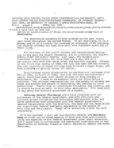 National Drug Control Policy Press Conference regarding drugs, crime, and public housing