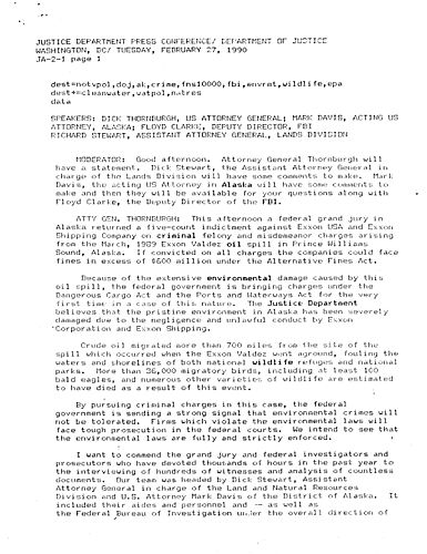 Press Conference regarding the 1989 Exxon Valdez oil spill in Alaska