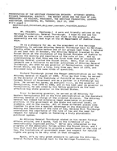 Speech to the Heritage Foundation regarding "The Soviet Union and the Rule of Law" (including questions and answers)