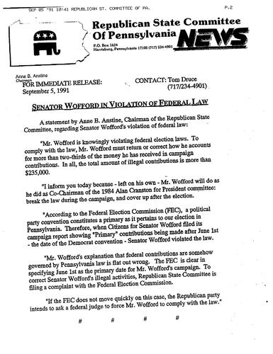 Republican State Committee of Pennsylvania states Senator Wofford in Violation of Federal Law