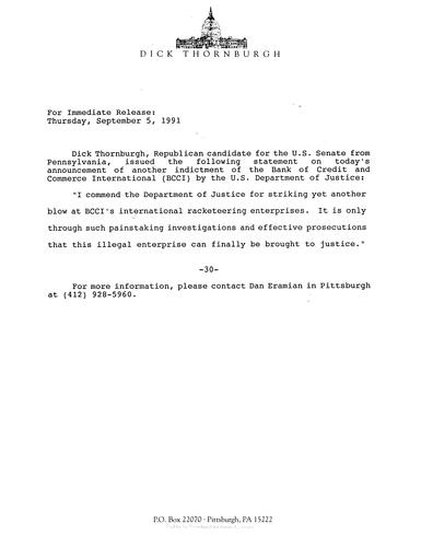 Thornburgh Commends Department of Justice for striking another blow at BCCI's international racketeering enterprises