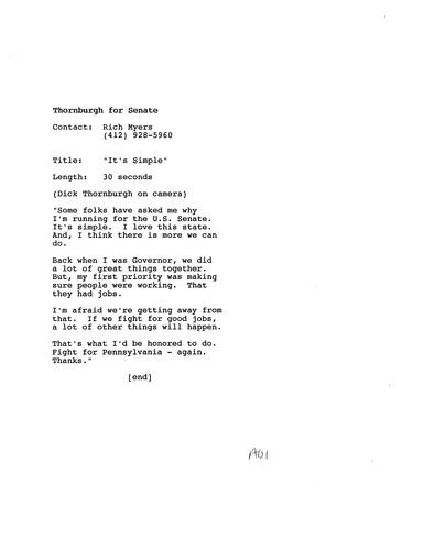 Text of Thornburgh's New Campaign Ad "It's Simple"