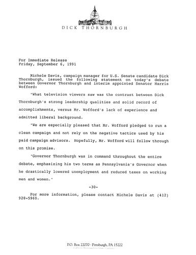 Statement regarding debate between Thornburgh and Wofford
