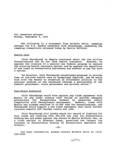 Statement regarding Wofford's campaign commercials on Health Care and Fast-Track Authority