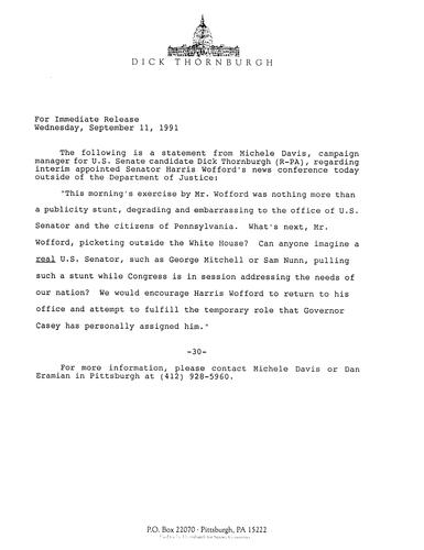 Statement regarding Wofford's news conference outside Department of Justice