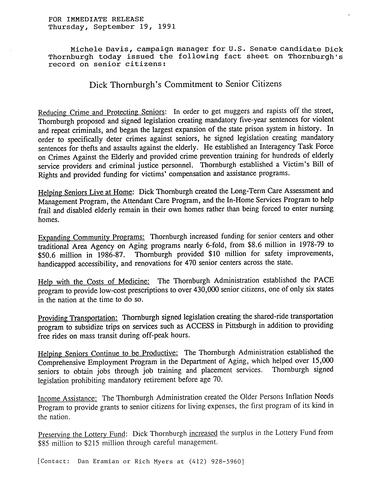 Statement regarding Dick Thornburgh's Commitment to Senior Citizens