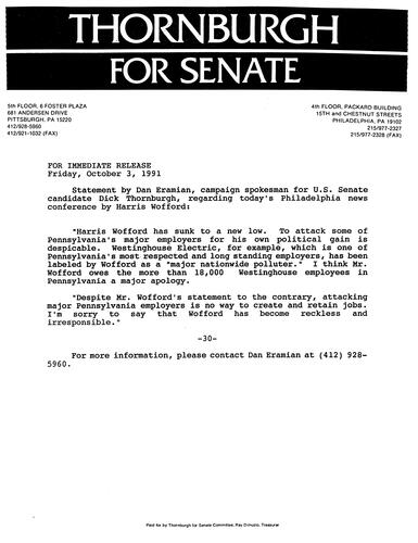 Thornburgh's statement regarding Harris Wofford's Philadelphia news conference