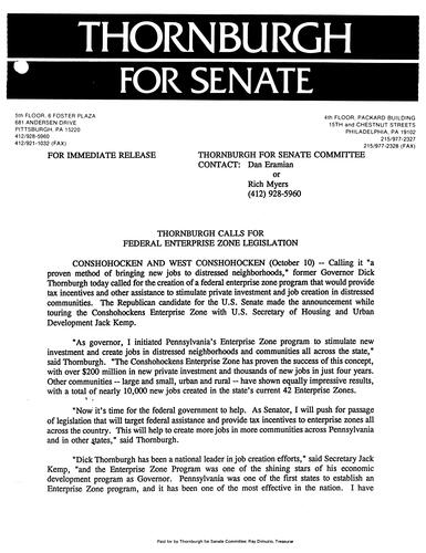 Thornburgh Calls for Federal Enterprise Zone Legislation