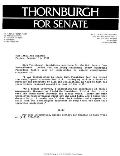 Thornburgh's Statement regarding President Bush's Veto of Legislation to Extend Unemployment Compensation