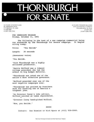 Text of Thornburgh's New Campaign Commercial "You Decide"