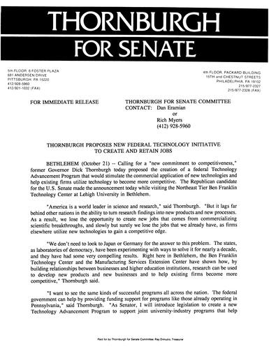 Thornburgh Proposes New Federal Technology Issue to Create and Retain Jobs
