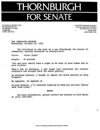 Text of Thornburgh's New Campaign Ad "First Right"