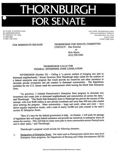 Thornburgh Calls for Federal Enterprise Zone Legislation