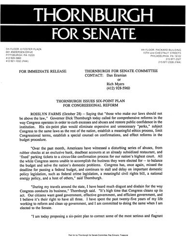Thornburgh Issues Six-Point Plan for Congressional Reform