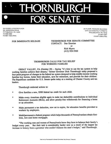 Thornburgh Calls for Tax Relief for Working Families