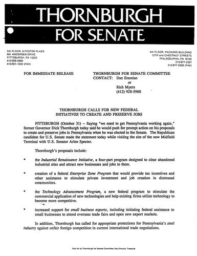 Thornburgh Calls for New Federal Initiatives to Create and Preserve Jobs