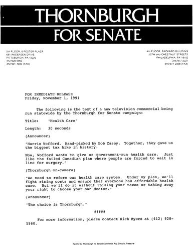 Text of Thornburgh's New Campaign Commercial "Health Care"