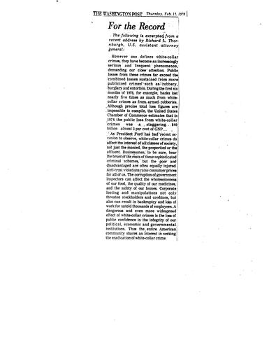 "For the Record," Speech excerpt regarding white collar crime, Washington Post