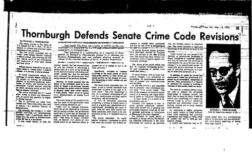 "Thornburgh Defends Senate Crime Code Revisions," Pittsburgh Press