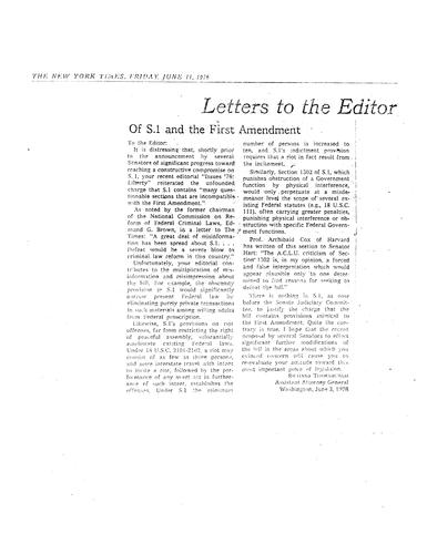 "Of S.1 and the First Amendment," Letter to Editor, New York Times