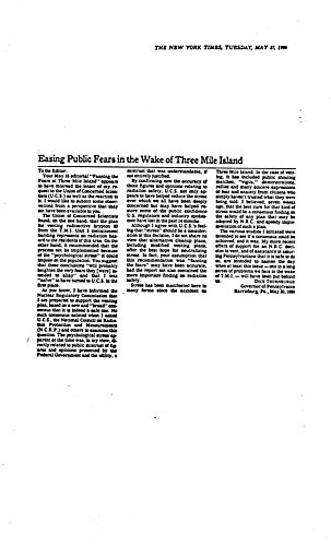"Easing Public Fers in the Wake of TMI," Letter to the Editor, New York Times