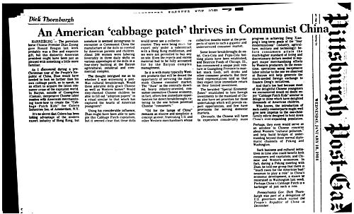 "An American 'cabbage patch' thrives in Communist China," Pittsburgh Post-Gazette