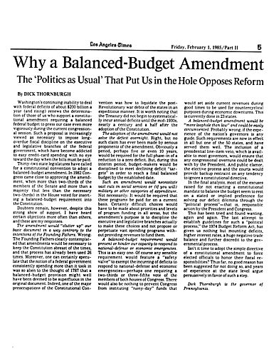 "Why a Balanced Budget Amendment - - the 'Politics as Usual' that Puts Us in the Hole Opposes Reform," Los Angeles Times