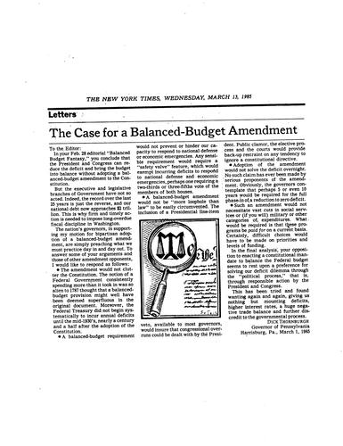 "Case for a Balanced Budget Amendment," Letter to the Editor, New York Times
