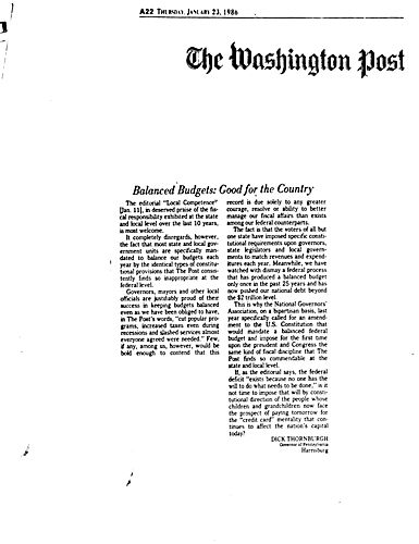 "Balanced Budgets: Good for the Country," Letter to the Editor, Washington Post