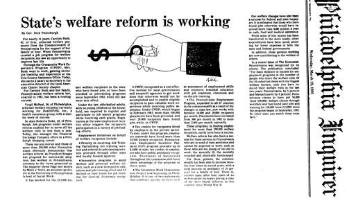 "State's Welfare Reform is Working," Philadelphia Inquirer