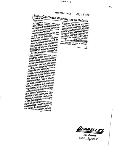"States Can Teach Washington Deficits," Letter to the Editor, New York Times