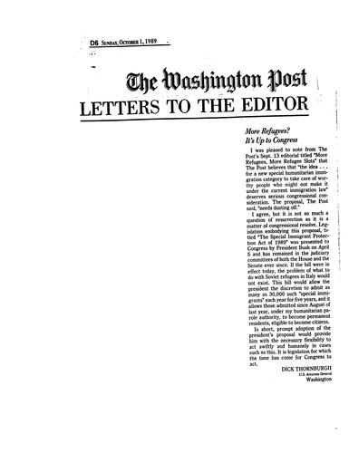 "More Refugees? It's Up to Congress," Letter to the Editor, Washington Post