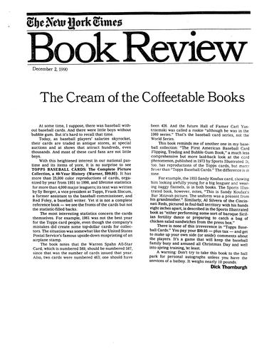 "The Cream of Coffeetable Books," Book Review of Topps Baseball Cards, New York Times