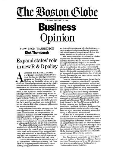 "Expand States' Role in New R&D Policy," Boston Globe