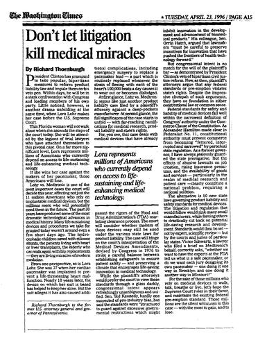 "Don't Let Litigation Kill Medical Miracles," Washington Times