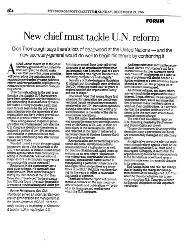 "New Chief Must Tackle U.N. Reform," Pittsburgh Post-Gazette