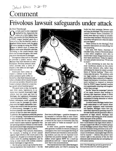 "Frivolous Lawsuitt Safeguards Under Attack," Detroit News