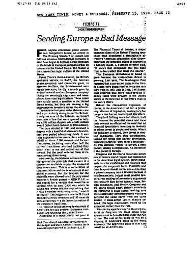 "Sending Europe a Bad Message," New York Times