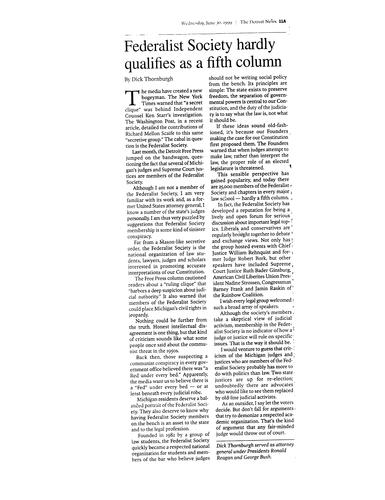 "Federalist Society Hardly Qualifies as a Fifth Column," Detroit News