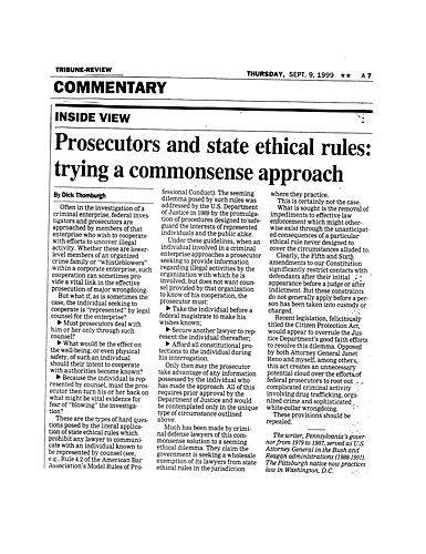 "Prosecutors and State Ethical Rules: Trying a Commonsense Approach," Tribune-Review